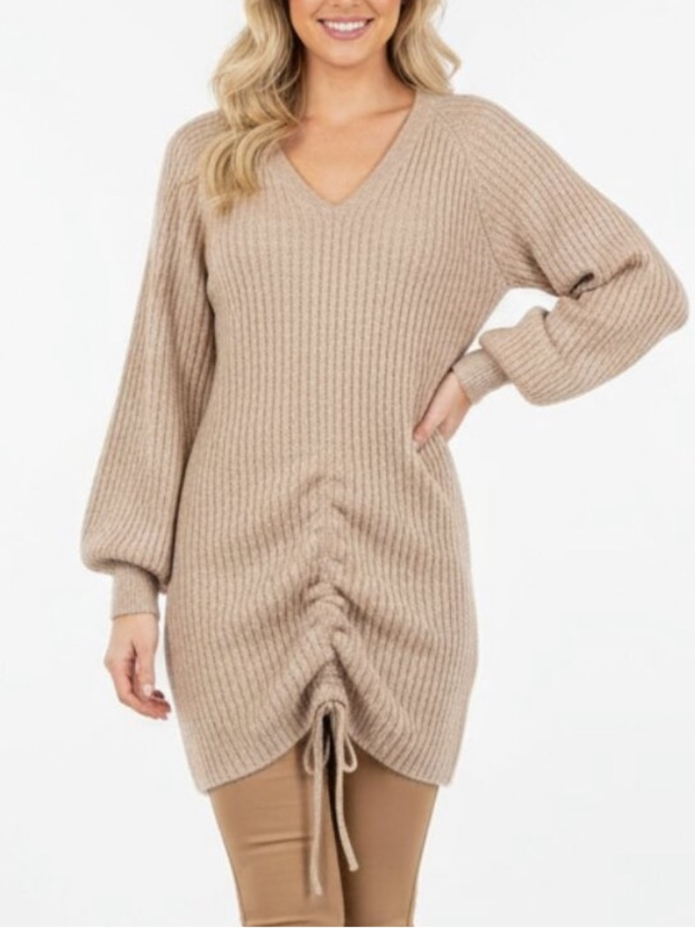 BB Dakota by Steve Madden Ruched Sweater Dress Heather Oatmeal Size L Ribbed Tan